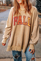 Khaki FALL Letter Print Oversized Pullover Sweatshirt