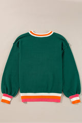 Blackish Green Shimmer Santa Clause Graphic Striped Trim Crewneck Sweater