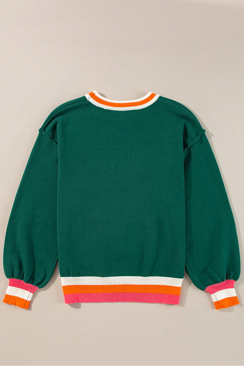 Blackish Green Shimmer Santa Clause Graphic Striped Trim Crewneck Sweater