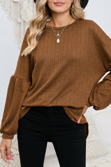 Brown Solid Color Textured Pullover Casual Long Sleeve Top