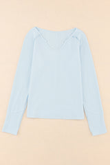 Sky Blue Mineral Wash Long Sleeve Waffle Knit Top