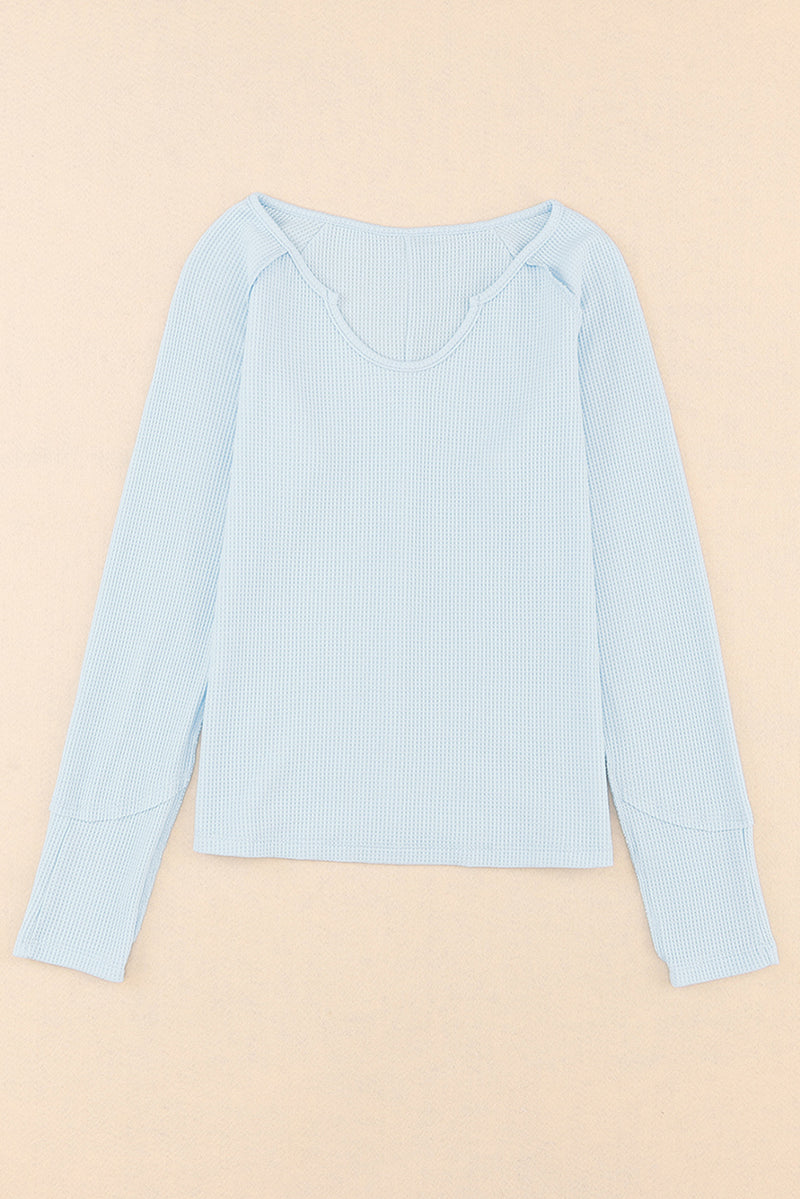 Sky Blue Mineral Wash Long Sleeve Waffle Knit Top