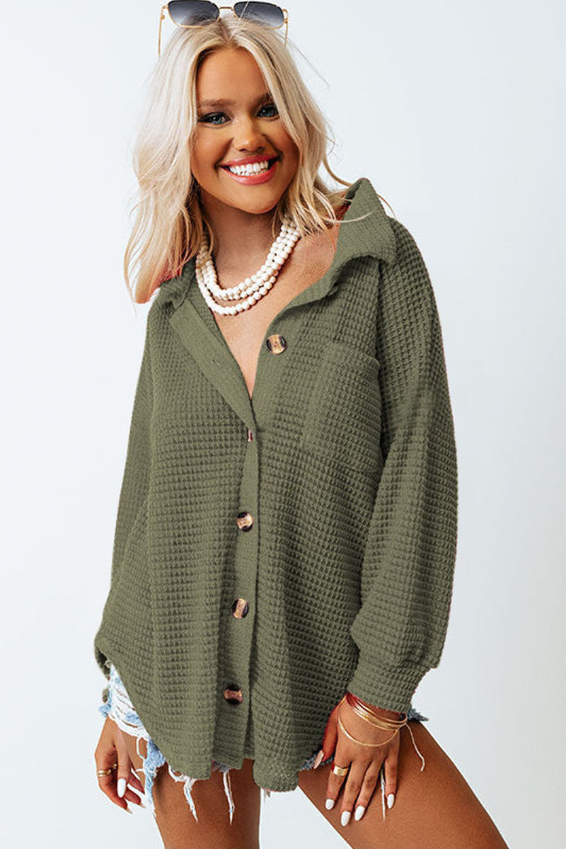 Khaki Pocket Buttons Front Waffle Knit Shacket