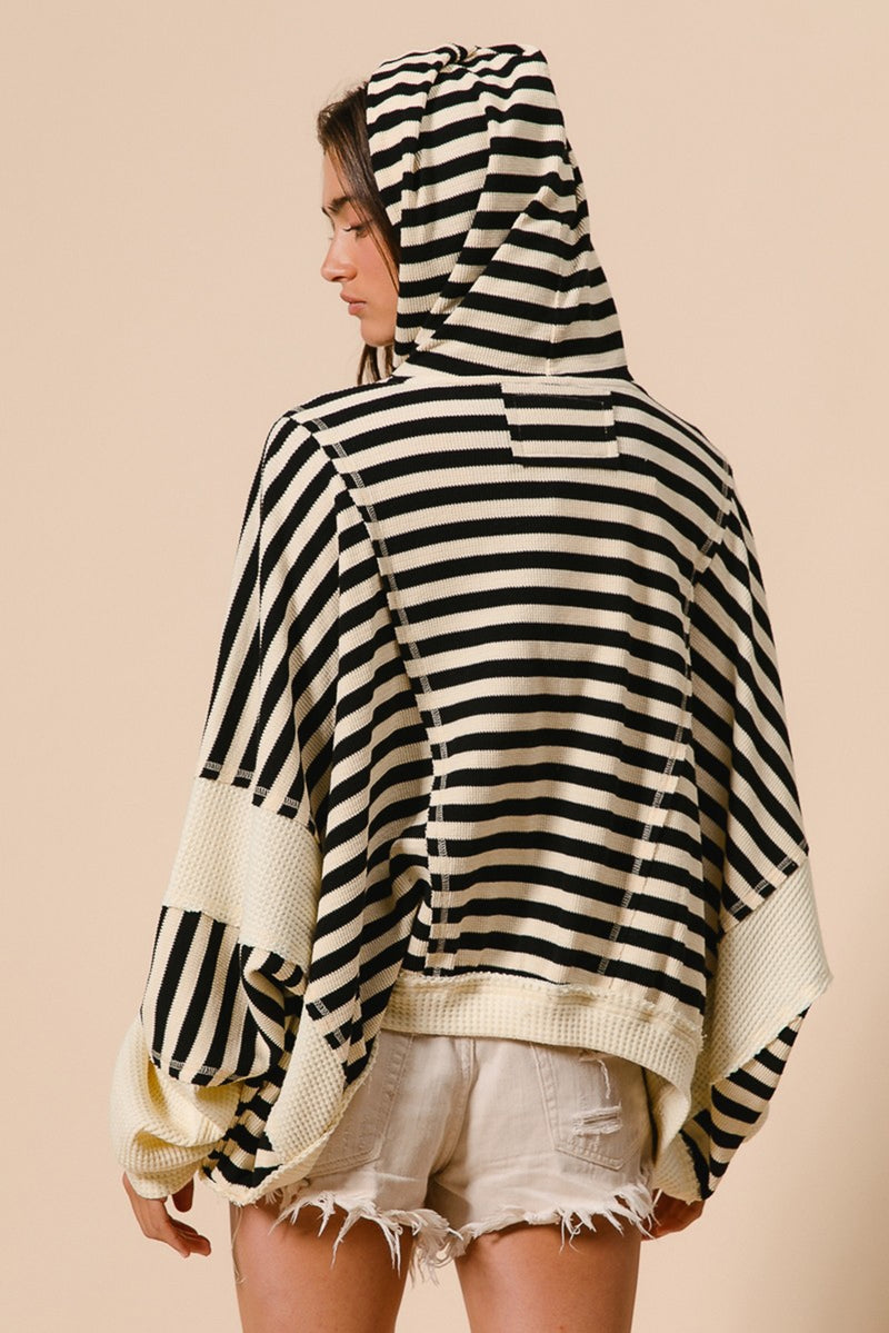 Black White Striped Waffle Patchwork Baggy Hooded Top