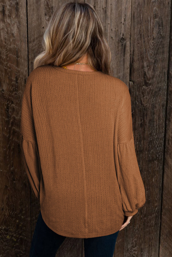 Brown Solid Color Textured Pullover Casual Long Sleeve Top