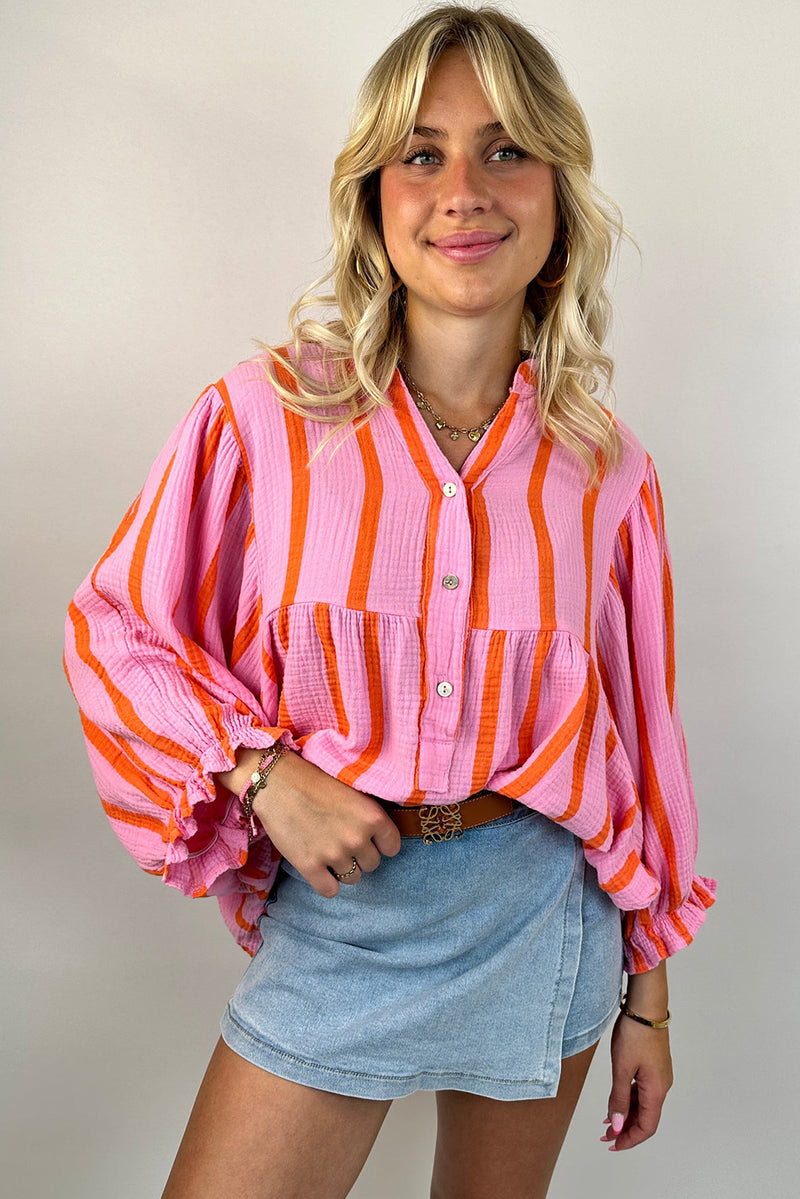 Orange Stripe Crinkle Ruffle Sleeve Loose Top