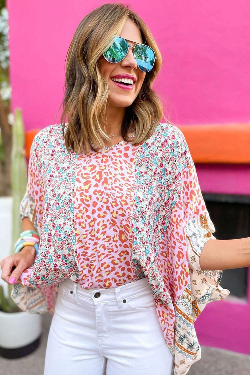 Multicolor Leopard Floral Mix Print Batwing Sleeve Cape Blouse