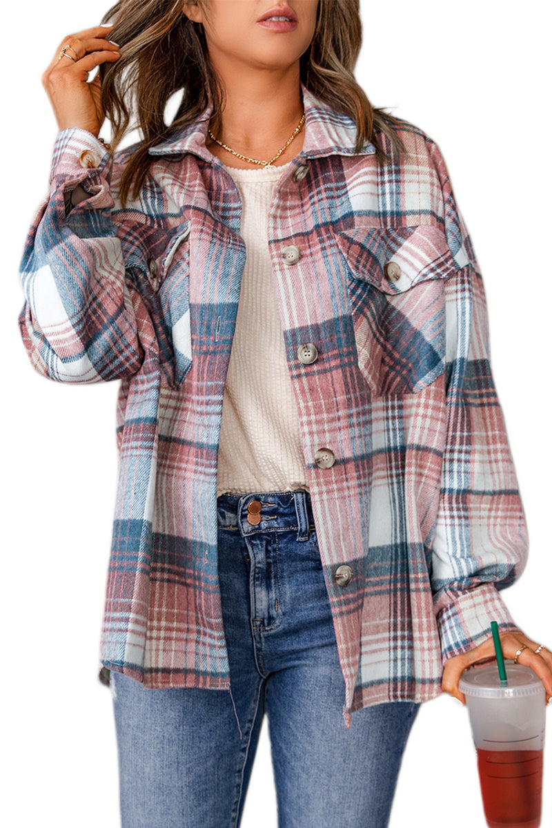 Gold Flame & Grey Plaid Button Up Collared Flannel Shacket