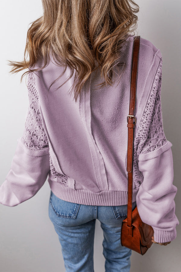 Orchid Petal Crochet Patchwork Exposed Seam Ribbed Trim Sweatshirt