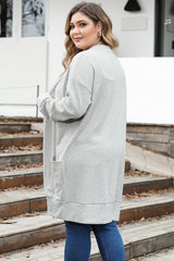 Beige Thermal Knit Pocketed Plus Size Cardigan