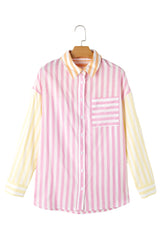 Pink Stripe Contrast Collar Long Sleeve Patchwork Shirt