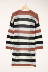 Black Striped Color Block Casual Hollow Cable Knit Cardigan