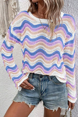 Purple Stripe Wavy Pointelle Knit Drop Shoulder Sweater