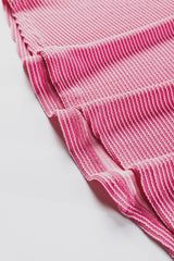 Strawberry Pink Ribbed Striped V Neck Bracelet Sleeve Top