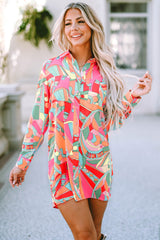 Multicolor Abstract Print Long Sleeve Shirt Dress