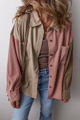 Brown Patchwork Chest Pockets Buttoned Corduroy Shacket