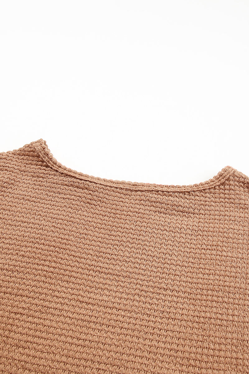 Khaki Waffle Knit Casual Drop Shoulder Long Sleeve Top