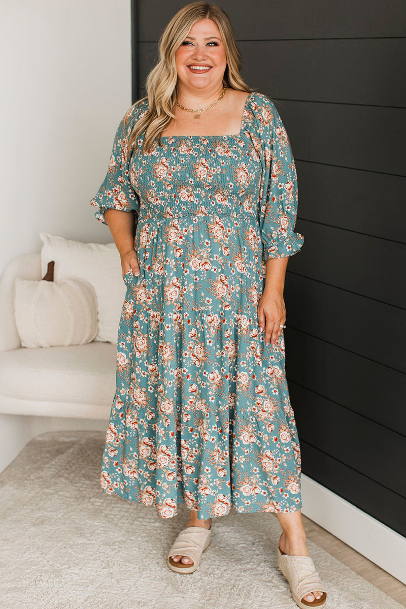 Green Plus Size Floral Print Smocked Tiered Maxi Dress