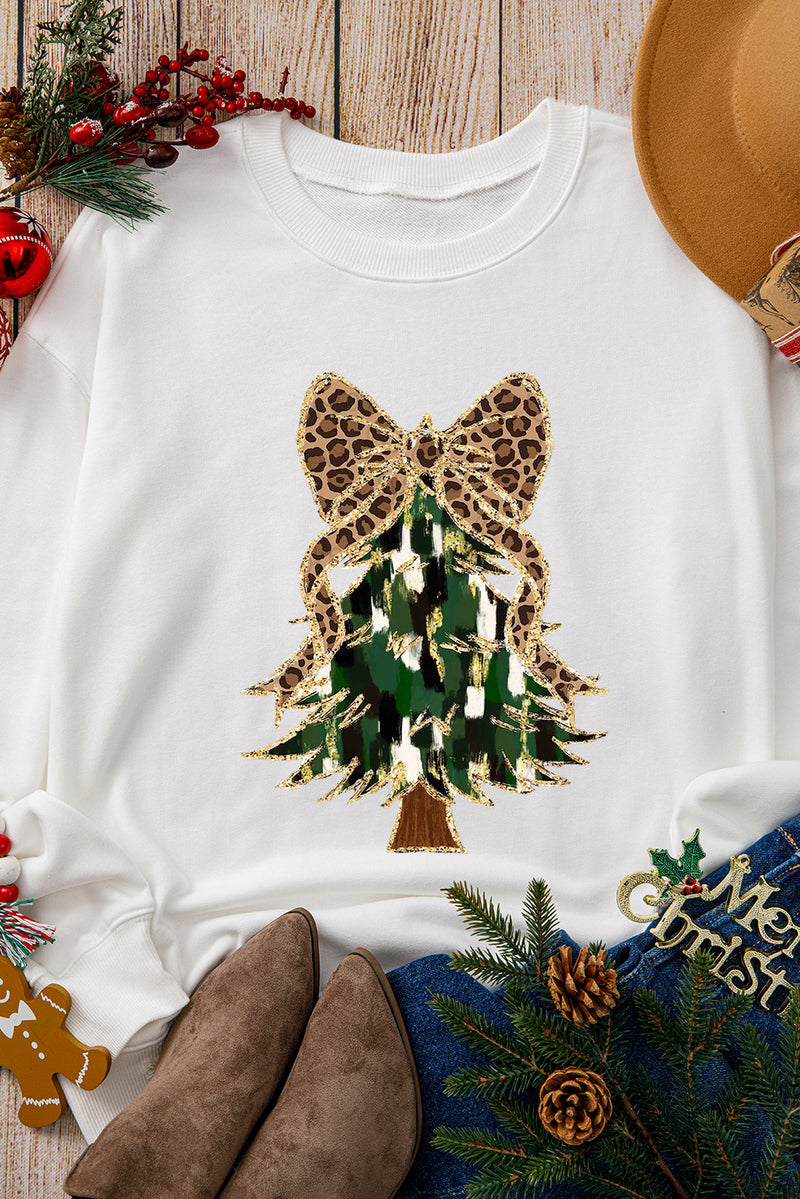 Beige Glittering Leopard Bow Christmas Tree Graphic Pullover Sweatshirt