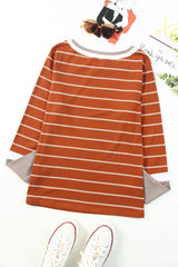 Brown Contrast Spliced Colorblock Cuffed Rib Knit Top