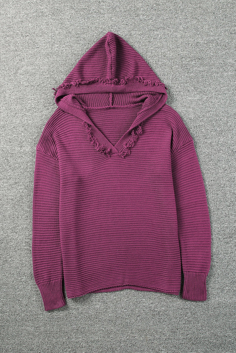 Purple Split V Neck Pullover Knit Sweater Hoodie