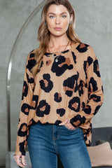 White Leopard Print Casual Loose Long Sleeve Top