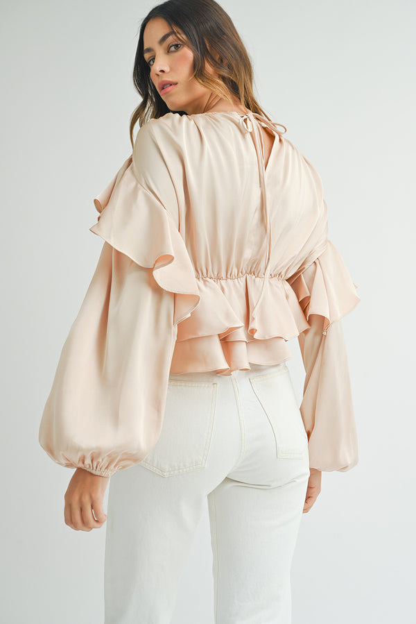 Oatmeal Elegant Satin Ruffle Peplum Blouse