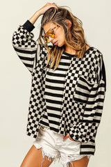 Black Checkered Striped Patchwork Lantern Sleeve Top