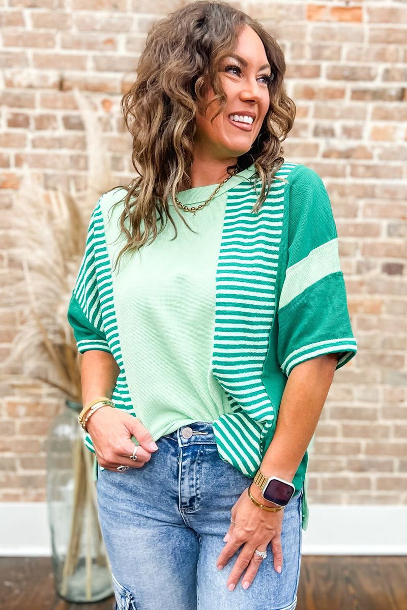 Green Stripe Waffle Patchwork Plus Size T-Shirt