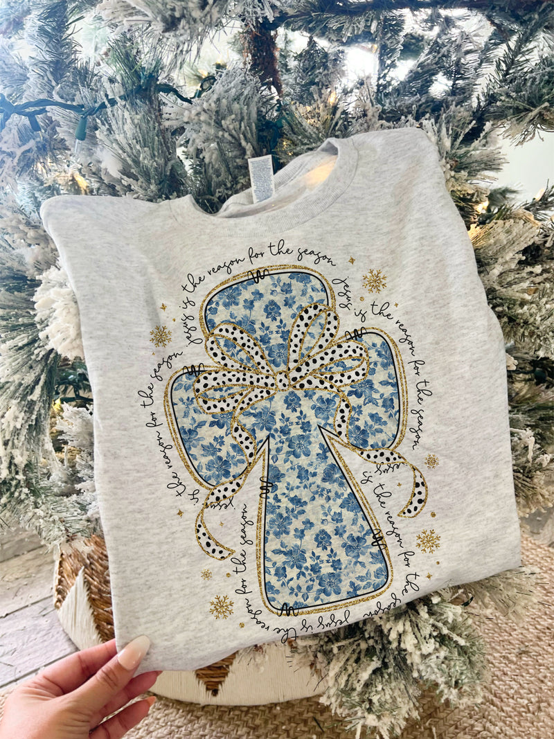 Blue floral cross Jesus is the reason for season tee