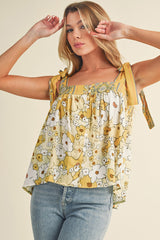 Yellow Floral Patchwork Boho Knot Straps Top