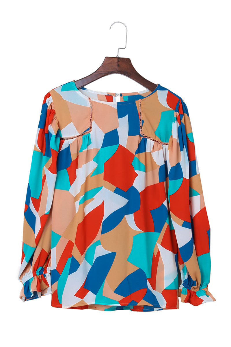 Multicolor Casual Abstract Print Puff Sleeve Blouse