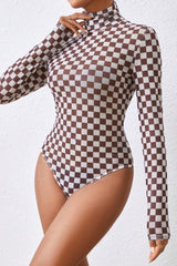 Black Checkered Print Long Sleeve Mock Neck Bodysuit