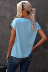 Light Blue Solid Color Short Sleeve Basic T Shirt with Patch Pocket