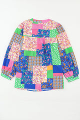 Multicolor Floral Patchwork Buttoned Puff Sleeve Shirt