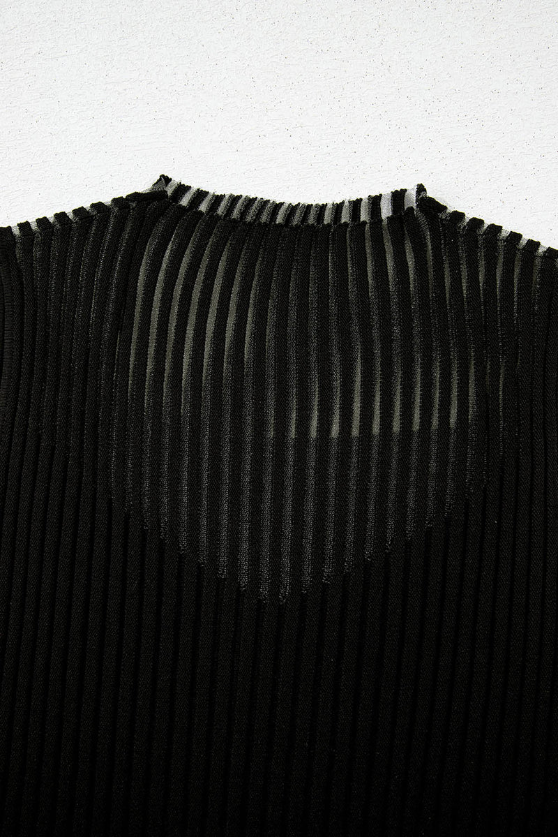 Black Ribbed Texture Striped Mesh Knitted Top