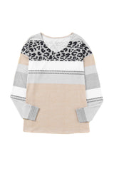 Leopard Print Color Block Pullover Long Sleeve Top