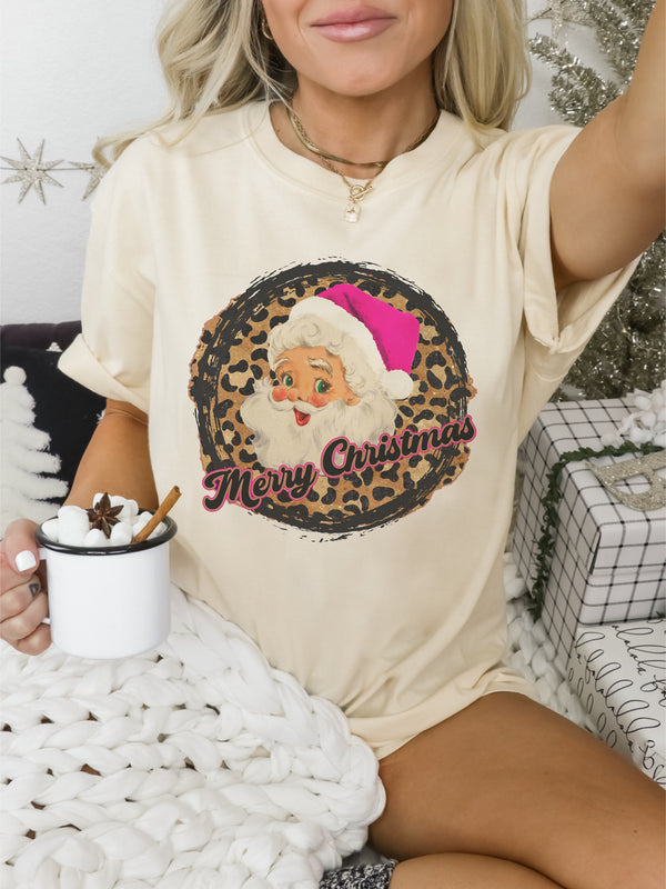 Leopard Circle, Pink Santa hat tee