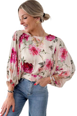 Rose Floral 3/4 Sleeve Lace-up Back Blouse