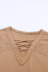 Apricot Lace and Waffle Knit Crisscross Straps V Neck Long Sleeve Top