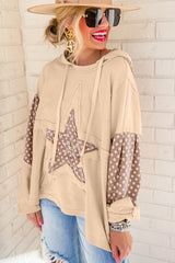 Apricot Floral Patchwork Star Pattern Drawstring Hoodie