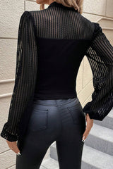 Black Stand Collar Striped Mesh Lantern Sleeve Top