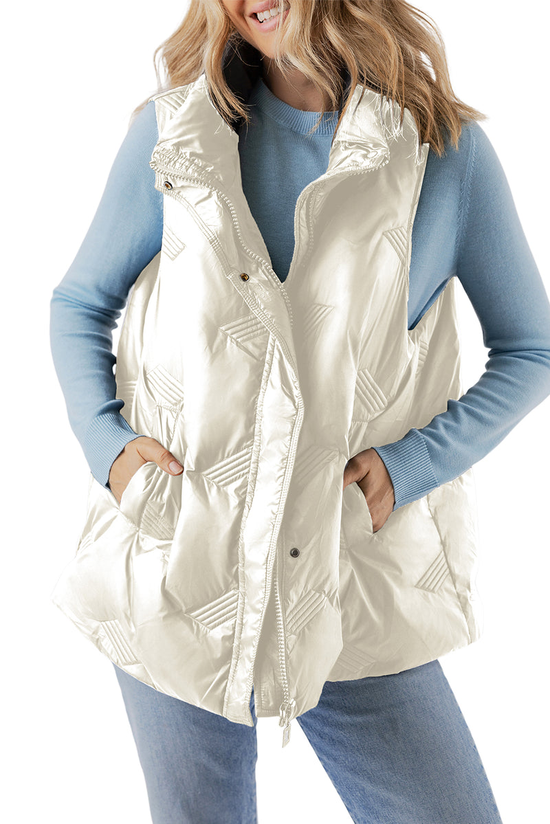 White Quilted High Neck Zip Up Jacket Vest