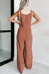 Gold Flame Buttoned Straps Ruched Wide Leg Jumpsuit