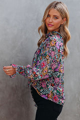 Multicolor Floral Boho Tie V Neck Peasant Blouse