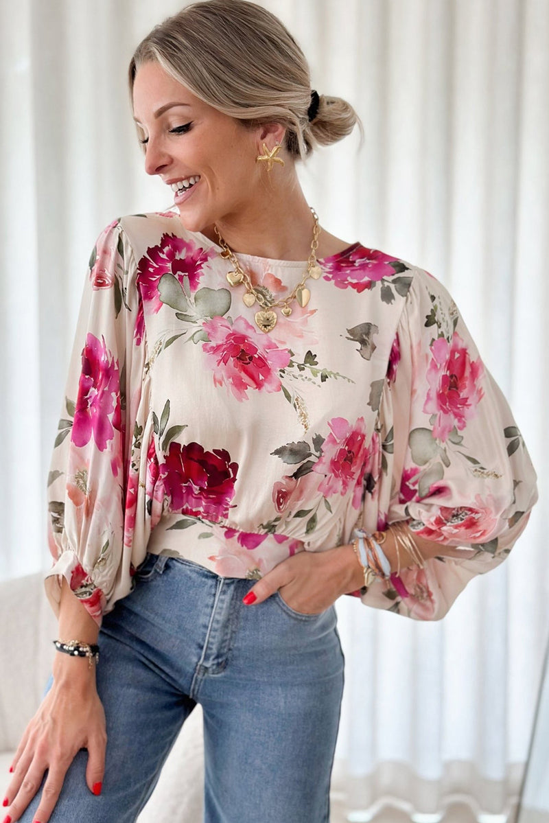 Rose Floral 3/4 Sleeve Lace-up Back Blouse