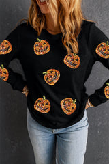 Black Halloween Sequin Pumpkin Face Graphic Sweatshirt