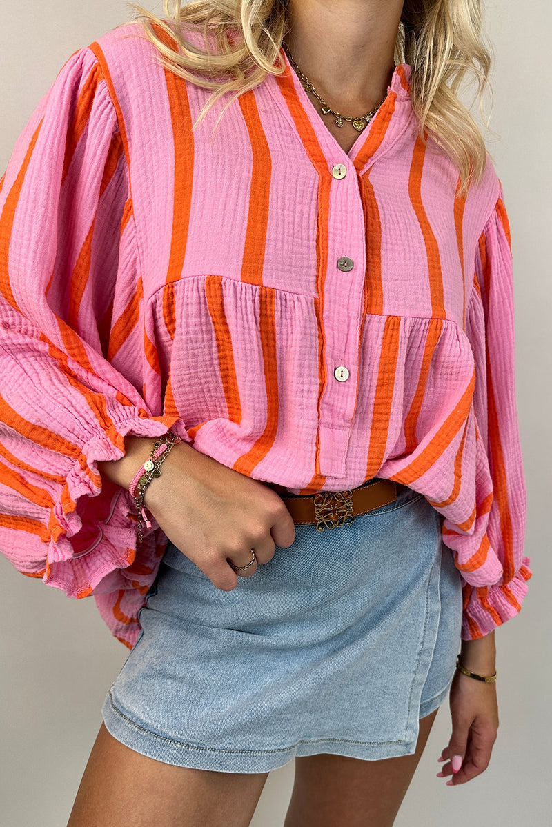 Orange Stripe Crinkle Ruffle Sleeve Loose Top