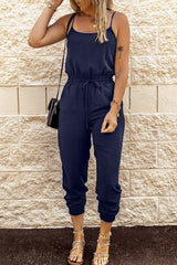 Dark Blue Pockets Drawstring Waist Spaghetti Strap Jumpsuit