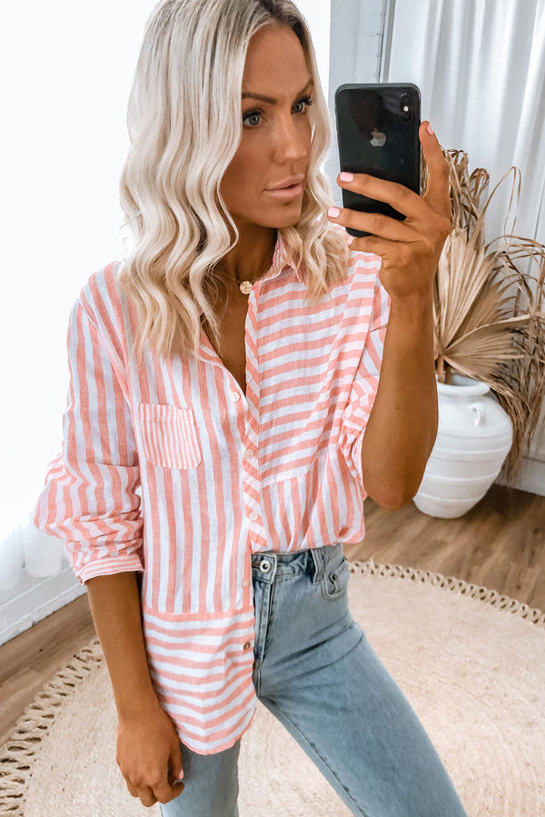 Pink Stripe Buttoned Oversized Long Sleeve Shirt